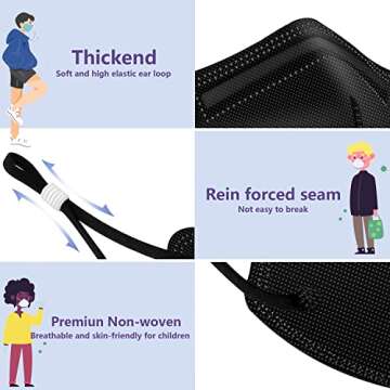 YUIKIO Kids KN95 Masks for Children 30 Packs, 5 Layers Breathable KN95 mask for kids Disposable Kids Face Masks With Adjustable Buckle for Boys Girls(Black)