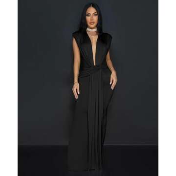 Memoriesea Women's Elegant Sleeveless Deep V Neck Bodycon Party Evening Gown Maxi Dress Black