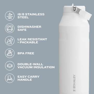 Stanley IceFlow Stainless Steel Water Jug with Straw, Vacuum Insulated Water Bottle for Home and Office, Reusable Tumbler with Straw Leak Resistant Flip, Charcoal, 17 OZ