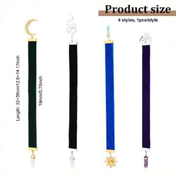 FINGERINSPIRE 4 Colors Velvet Ribbon Bookmark 12.6~14.2 inch Vintage Metal Charm Bookmark with Quart...