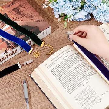 FINGERINSPIRE 4 Colors Velvet Ribbon Bookmark 12.6~14.2 inch Vintage Metal Charm Bookmark with Quartz Crystal/Amethyst/Butterfly/Moon/Sun Pendant Velvet Bookmarks for Student Teacher Book Lovers