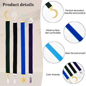 FINGERINSPIRE 4 Colors Velvet Ribbon Bookmark 12.6~14.2 inch Vintage Metal Charm Bookmark with Quartz Crystal/Amethyst/Butterfly/Moon/Sun Pendant Velvet Bookmarks for Student Teacher Book Lovers