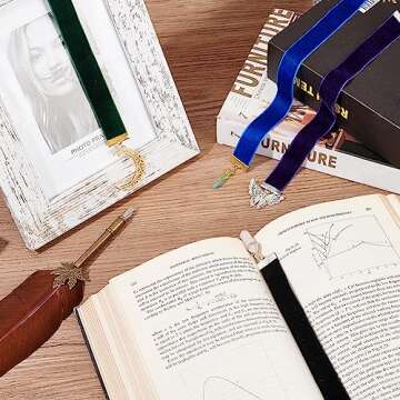 FINGERINSPIRE 4 Colors Velvet Ribbon Bookmark 12.6~14.2 inch Vintage Metal Charm Bookmark with Quartz Crystal/Amethyst/Butterfly/Moon/Sun Pendant Velvet Bookmarks for Student Teacher Book Lovers
