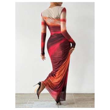 BEAUDRM Women's Tie Dye Ruched Long Sleeve Dress Mesh Slim Fit Bodycon Maxi Dresses Hot Pink Medium