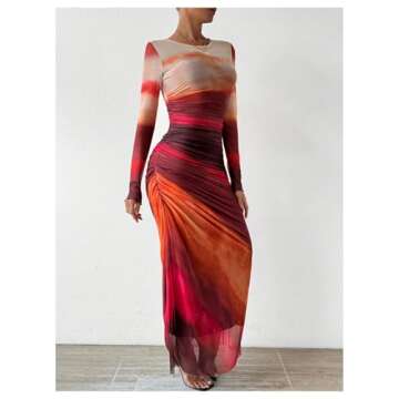 BEAUDRM Women's Tie Dye Ruched Long Sleeve Dress Mesh Slim Fit Bodycon Maxi Dresses Hot Pink Medium