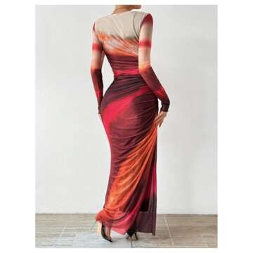 BEAUDRM Women's Tie Dye Ruched Long Sleeve Dress Mesh Slim Fit Bodycon Maxi Dresses Hot Pink Medium