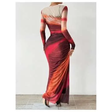 BEAUDRM Women's Tie Dye Ruched Long Sleeve Dress Mesh Slim Fit Bodycon Maxi Dresses Hot Pink Medium