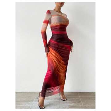 BEAUDRM Women's Tie Dye Ruched Long Sleeve Dress Mesh Slim Fit Bodycon Maxi Dresses Hot Pink Medium