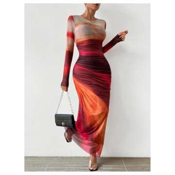 BEAUDRM Women's Tie Dye Ruched Long Sleeve Dress Mesh Slim Fit Bodycon Maxi Dresses Hot Pink Medium