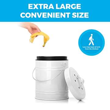 1.3 Gallon Compost Bin for Kitchen Countertop - White Countertop Kitchen Compost Bin w/EZ- No Lock Lid, and Separate Plastic Liner - Includes 2 Charcoal Filters - Odor-Free Seal & Dishwasher Safe