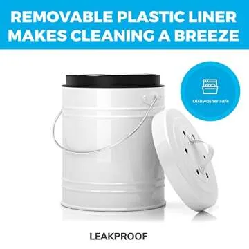 1.3 Gallon Compost Bin for Kitchen Countertop - White Countertop Kitchen Compost Bin w/EZ- No Lock Lid, and Separate Plastic Liner - Includes 2 Charcoal Filters - Odor-Free Seal & Dishwasher Safe