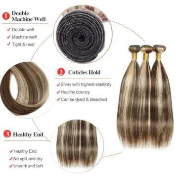 Dokksiiia Chocolate Brown and Blonde Bundles P4/613 Highlight Straight Human Hair Bundles Ombre Color P4613 Human Weave Hair Bundles Brazilian Human Hair Extensions for Black Women 16 18 20 Inch