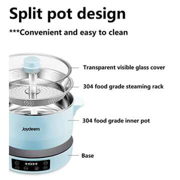 Joydeem Smart Lifting Electric Hot Pot, Steamer and Low Sugar Rice Cooker, Shabu Shabu Hot Pot, Food Grade Stainless Steel, 1500W, 4L