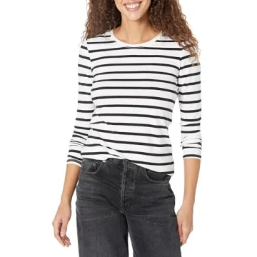 Amazon Essentials Women's Classic-Fit Long-Sleeve Crewneck T-Shirt in Black/White Stripe, X-Small