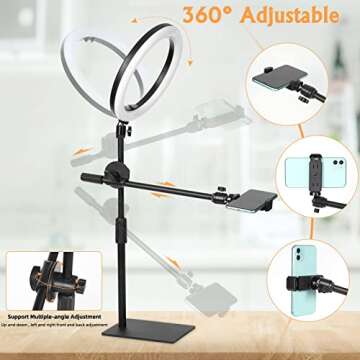 Ring Light with Stand, Desk Ring Light with Phone Holder, Overhead Phone Mount with Ring Light for Cooking, Live Streaming, Video Recording, Makeup, and Zoom Meetings