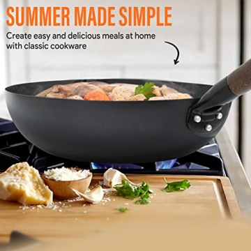 BrBrGo Carbon Steel Wok, 13 Inch Wok Pan with Lid and Cookwares, 5 Piece Woks & Stir-Fry Pans Set, No Chemical Coated Flat Bottom Chinese Woks for Induction, Electric, Gas, All Stoves