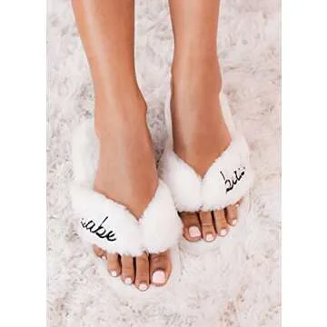 ModParty Babe Slippers | Matching Bridesmaid Slippers | Wedding Getting Ready Slippers | Fuzzy White Slippers for Her | Friend Gift Idea | Bridal Party Slippers (Babe)