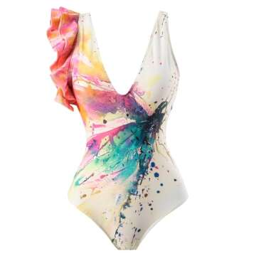 Tropical Swimsuits for Women: Women's One Piece Swimsuit with Beach Cover up Wrap Skirt Sarong Retro Floral Print Bikini Set Two Piece Bathing Suit Vintage Vacation Tropical Swimwear Rainbow M