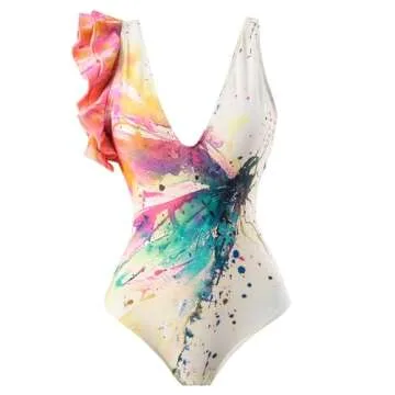 Tropical Swimsuits for Women: Women's One Piece Swimsuit with Beach Cover up Wrap Skirt Sarong Retro Floral Print Bikini Set Two Piece Bathing Suit Vintage Vacation Tropical Swimwear Rainbow M