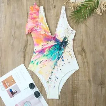 Tropical Swimsuits for Women: Women's One Piece Swimsuit with Beach Cover up Wrap Skirt Sarong Retro Floral Print Bikini Set Two Piece Bathing Suit Vintage Vacation Tropical Swimwear Rainbow M