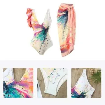 Tropical Swimsuits for Women: Women's One Piece Swimsuit with Beach Cover up Wrap Skirt Sarong Retro Floral Print Bikini Set Two Piece Bathing Suit Vintage Vacation Tropical Swimwear Rainbow M