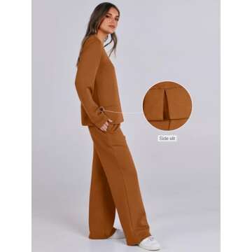 ANRABESS Womens 2 Piece Lounge Sets Sweatsuit Travel Outfits Wide Leg Pants Set 2024 Fall Fashion Tracksuit Clothes Caramel Medium