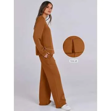 ANRABESS Womens 2 Piece Lounge Sets Sweatsuit Travel Outfits Wide Leg Pants Set 2024 Fall Fashion Tracksuit Clothes Caramel Medium