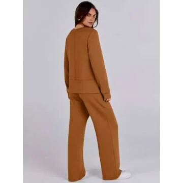 ANRABESS Womens 2 Piece Lounge Sets Sweatsuit Travel Outfits Wide Leg Pants Set 2024 Fall Fashion Tracksuit Clothes Caramel Medium
