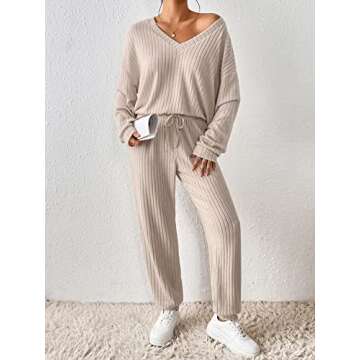 MakeMeChic Women's Casual 2 Piece Outfits Ribbed Long Sleeve V Neck Tee Shirt Top and Jogger Pants Set Apricot M