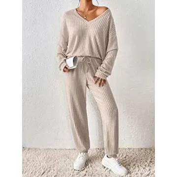 MakeMeChic Women's Casual 2 Piece Outfits Ribbed Long Sleeve V Neck Tee Shirt Top and Jogger Pants Set Apricot M