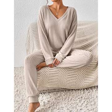 MakeMeChic Women's Casual 2 Piece Outfits Ribbed Long Sleeve V Neck Tee Shirt Top and Jogger Pants Set Apricot M