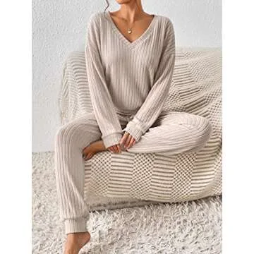 MakeMeChic Women's Casual 2 Piece Outfits Ribbed Long Sleeve V Neck Tee Shirt Top and Jogger Pants Set Apricot M