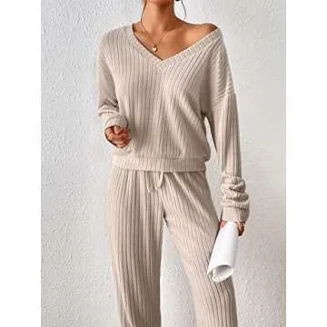MakeMeChic Women's Casual 2 Piece Outfits Ribbed Long Sleeve V Neck Tee Shirt Top and Jogger Pants Set Apricot M