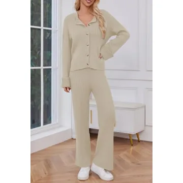 Cakulo Womens 2 Piece Outfits 2024 Lounge Sets Button Cardigan Knit Sweater Pants Loungewear Matching Set Beige L