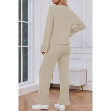 Cakulo Womens 2 Piece Outfits 2024 Lounge Sets Button Cardigan Knit Sweater Pants Loungewear Matching Set Beige L