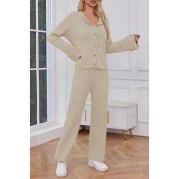 Cakulo Womens 2 Piece Outfits 2024 Lounge Sets Button Cardigan Knit Sweater Pants Loungewear Matching Set Beige L