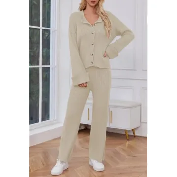 Cakulo Womens 2 Piece Outfits 2024 Lounge Sets Button Cardigan Knit Sweater Pants Loungewear Matching Set Beige L