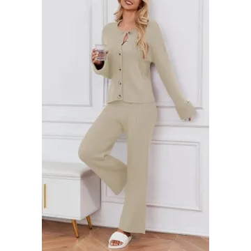 Cakulo Womens 2 Piece Outfits 2024 Lounge Sets Button Cardigan Knit Sweater Pants Loungewear Matching Set Beige L
