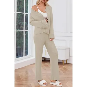 Cakulo Womens 2 Piece Outfits 2024 Lounge Sets Button Cardigan Knit Sweater Pants Loungewear Matching Set Beige L