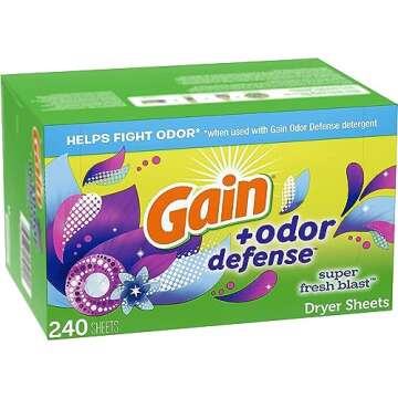 Gain + Odor Defense Dryer Sheets, Super Fresh Blast Scent Fabric Softener Sheets, 240 ct