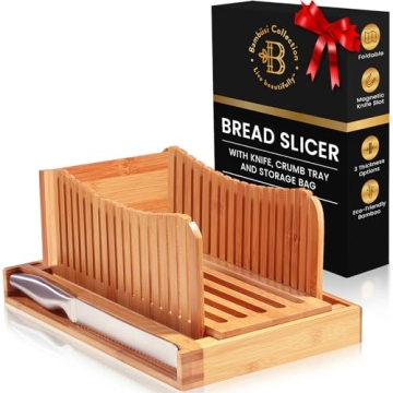 Bambüsi Bread Slicer for Homemade Bread - Bamboo Bread Cutter with Knife, Foldable Slicing Guide, C...