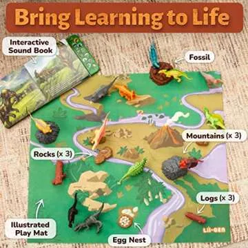 Li'l-Gen Dinosaur Toys for Boys and Girls - 12 Realistic 7-Inch Dinosaur Figures with Interactive Sound Book - Includes Play Mat, Trees, Rocks, Fossils, and More - Educational Toys for Kids Ages 3-5