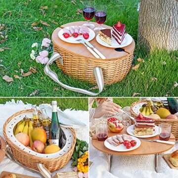STBoo Wicker Picnic Basket for 2 with Large Insulated Cooler Compartment and Folding Table, Cutlery Service Kits, Willow Hamper Set with Woven Handles for Camping, Outdoor, Party(Beige)
