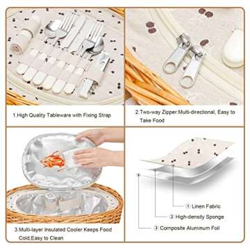 STBoo Wicker Picnic Basket for 2 with Large Insulated Cooler Compartment and Folding Table, Cutlery Service Kits, Willow Hamper Set with Woven Handles for Camping, Outdoor, Party(Beige)