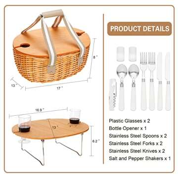 STBoo Wicker Picnic Basket for 2 with Large Insulated Cooler Compartment and Folding Table, Cutlery Service Kits, Willow Hamper Set with Woven Handles for Camping, Outdoor, Party(Beige)