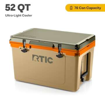 RTIC Ultra-Light 52 Quart Hard Cooler Insulated Portable Ice Chest Box for Beach, Drink, Beverage, C...