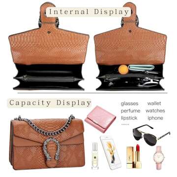 Leather Shoulder Bag Chain Purse for Women - Fashion Crossbody Bags Vintage Snake Print Underarm Bag Square Satchel Clutch Handbag（Brown）