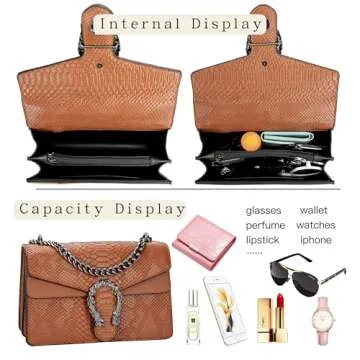 Leather Shoulder Bag Chain Purse for Women - Fashion Crossbody Bags Vintage Snake Print Underarm Bag Square Satchel Clutch Handbag（Brown）