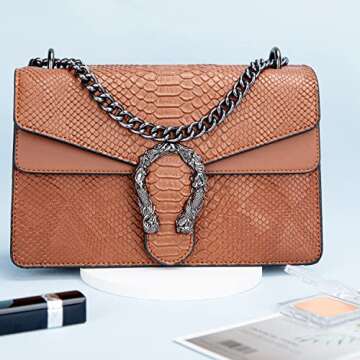 Leather Shoulder Bag Chain Purse for Women - Fashion Crossbody Bags Vintage Snake Print Underarm Bag Square Satchel Clutch Handbag（Brown）