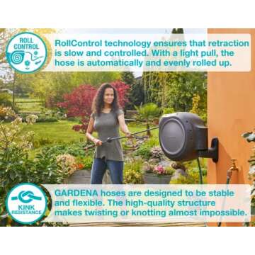 GARDENA (08055) Retractable Garden Hose Reel 100' ft, Wall Mounted, Automatic Retraction & Length Lock for Easy Watering. Heavy Duty Swivel Bracket 180°, Includes Nozzle.